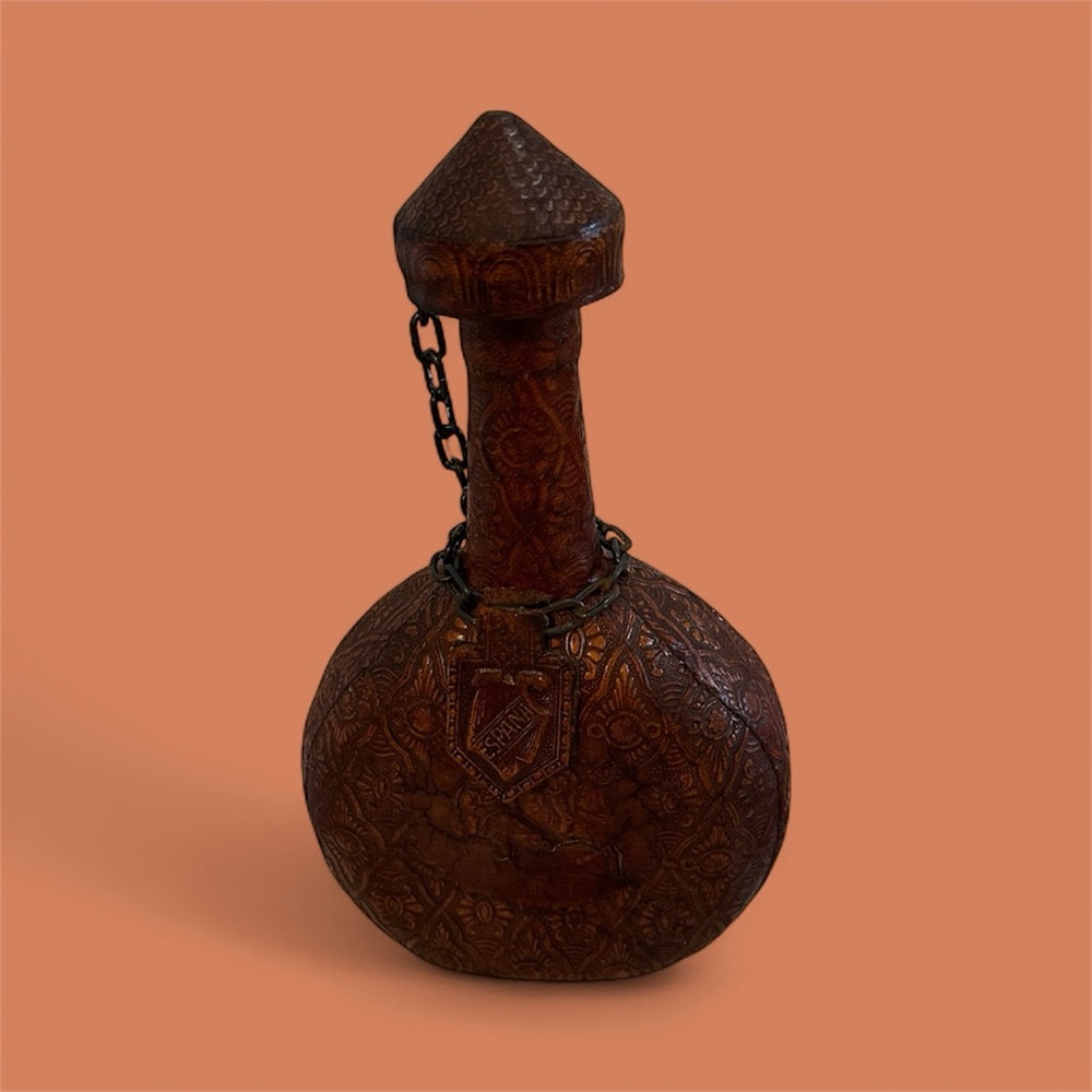 Vintage Brown Leather Wrapped Decorative Bottle